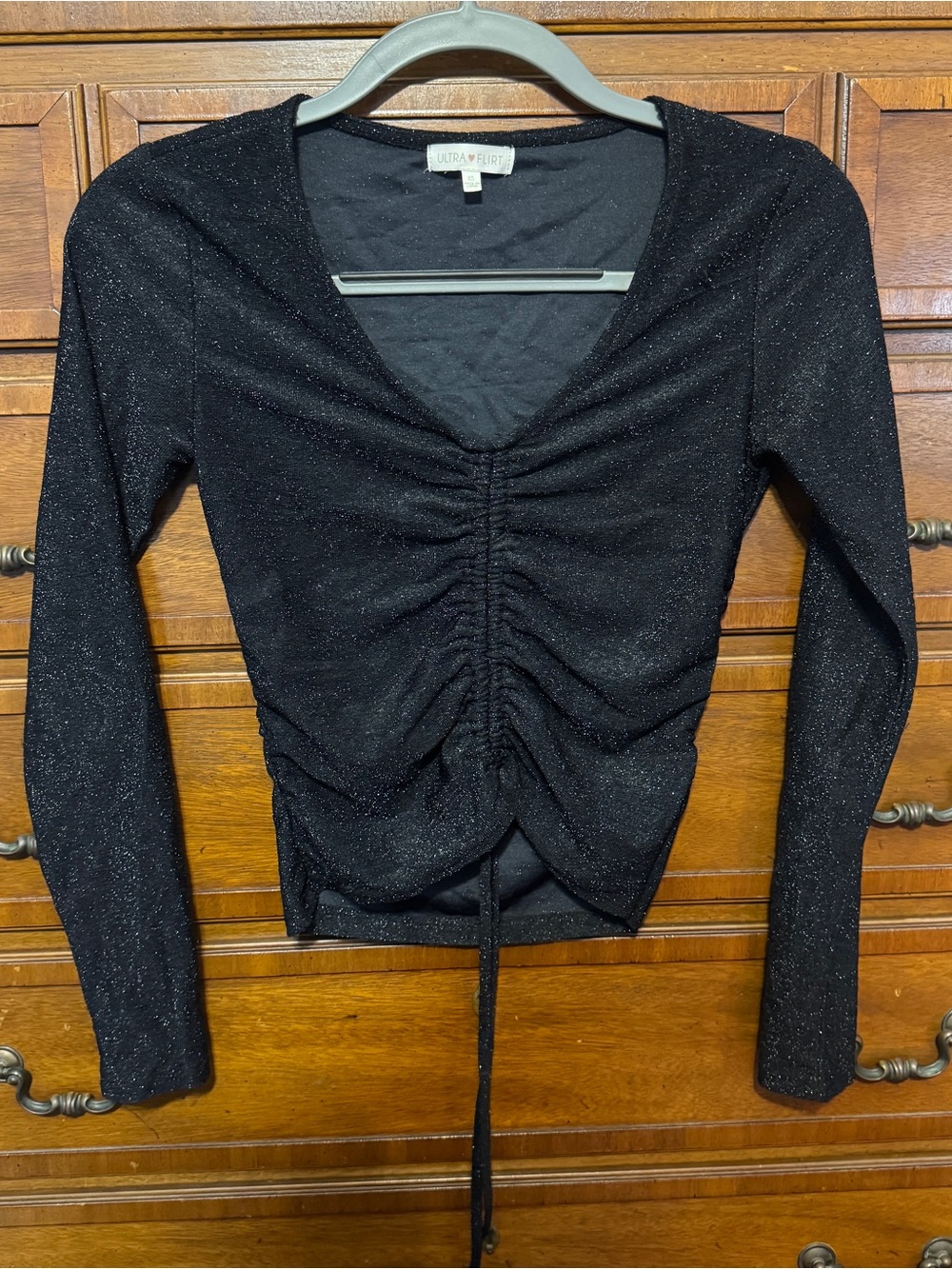 Ultra Flirt Black Metallic Ruched Top XS Y2K Going Out Fairy Grunge Whimsigoth